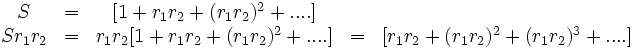 \begin{matrix} S&=&[1 + r_1 r_2 + (r_1 r_2)^2 + ....] \\ S r_1 r_2&=& r_1 r_2 [1 + r_1 r_2 + (r_1 r_2)^2 + ....]&=& [ r_1 r_2 + (r_1 r_2)^2+ (r_1 r_2)^3 + ....] \\ \end{matrix}